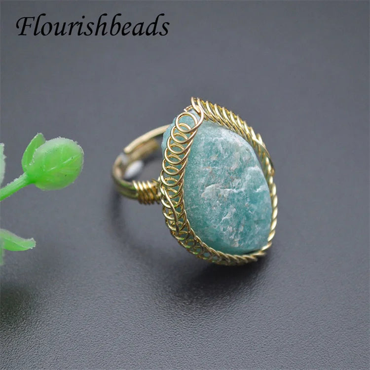 Gold Color Wire Wire Wrapped Rough Crystal Amethyst Lemon Quartz Stone Adjustable Gemstone Rings