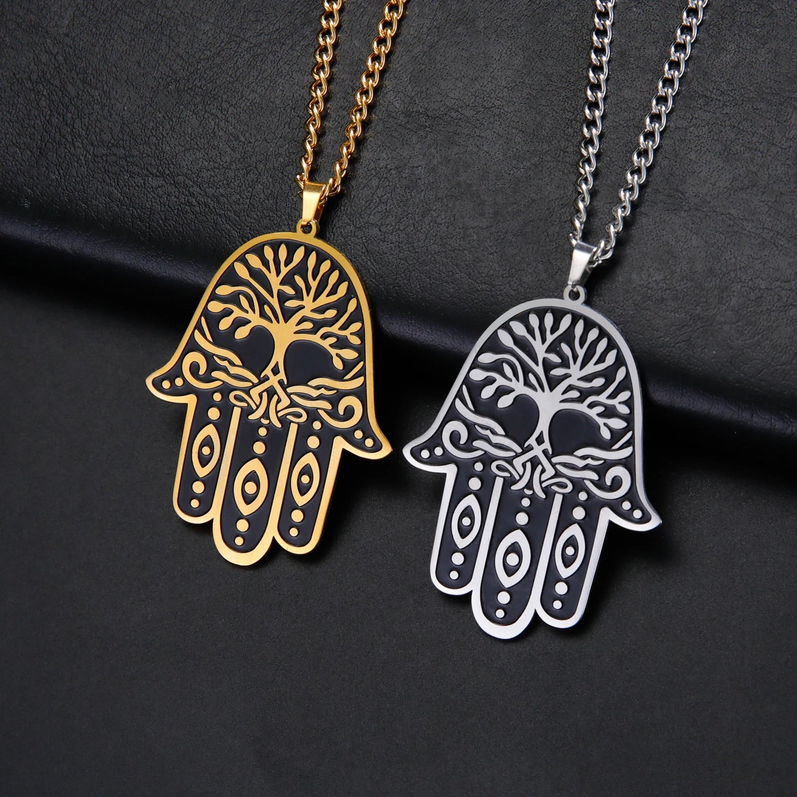 Myshape Tree of Life Fatima Hand Men Necklace Hamsa Hand Egyptian Evil Eye Protection Amulet Stainless Steel Religious Jewelry