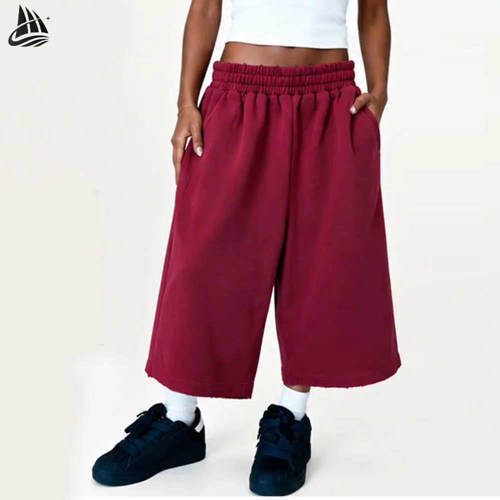 Custom LOGO Acid Washed 100%Cotton 3/4 Extend Long Shorts Running Vintage Distressed Print Plus Size Baggy Sweat Shorts for Men