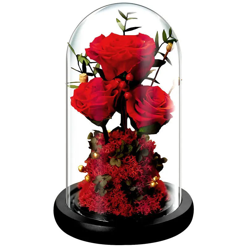 Valentines Mother Day Gift Real Fresh Dried Flower Forever Roses Preserved Flower in Glass Dome With Light