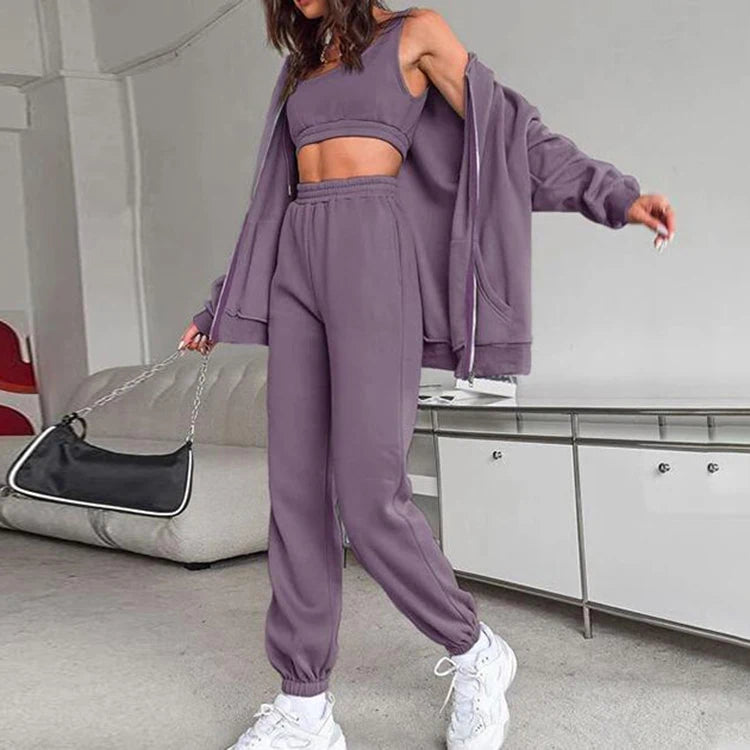 E220709 Custom 3 Piece Crop Top Jogger Set Autumn Women Clothing Zipper Hoodie Tank Top Jogger Set Lounge Wear Sets Women