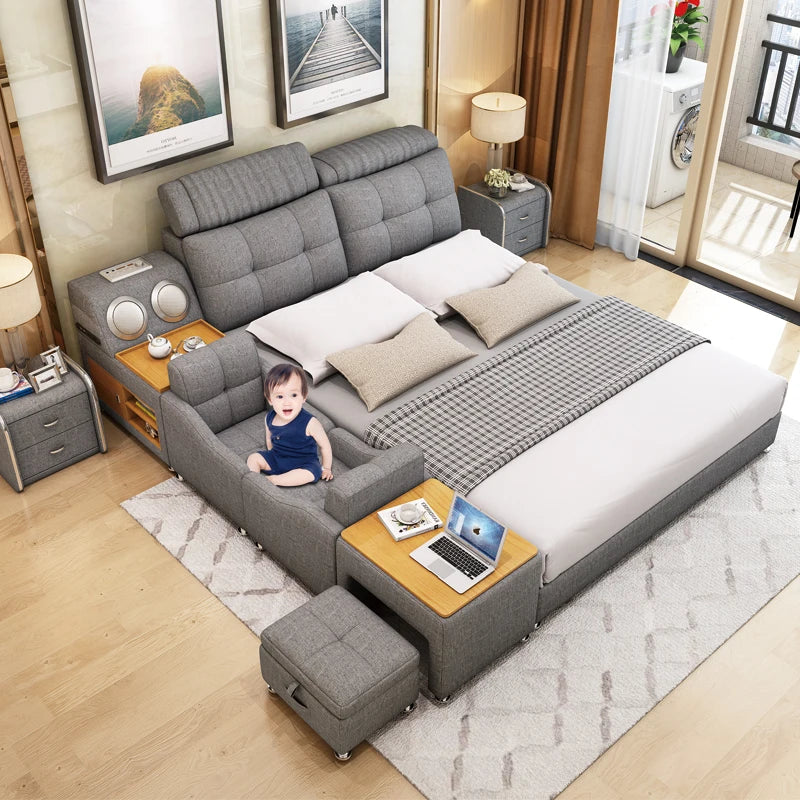 Modern Luxury King Bed Frame with Storage  Upholstered Wood and Leather Bedroom Furniture Set for Luxury Room
