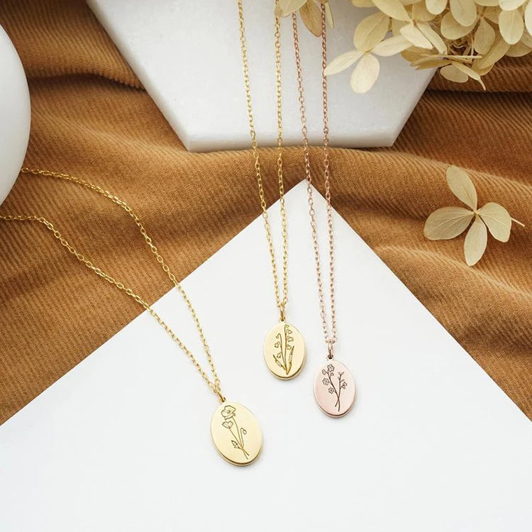 925 Sterling Silver Jewelry 12 Month Flower Pendant Oval Gold Birth Flower Pendant Necklace