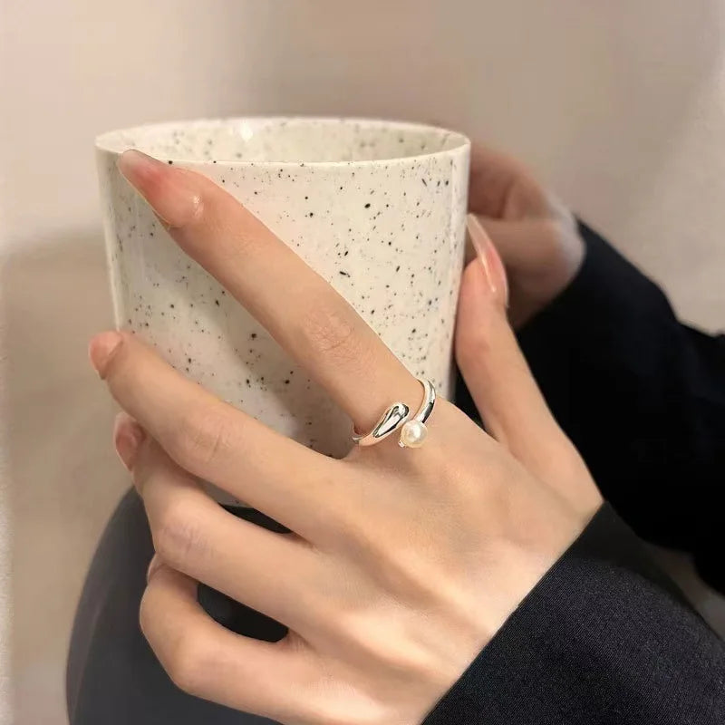 French Style S925 V Shape Pearl Opening Ring 925 Silver Geometric Irregular Wave Open Finger Ring