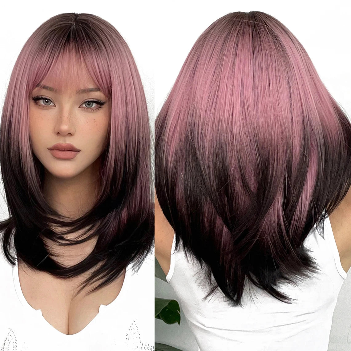 Wholesale Black Pink Layered Ombre Synthetic Wigs Straight Colorful Hair Wig with Bangs for Women Afro