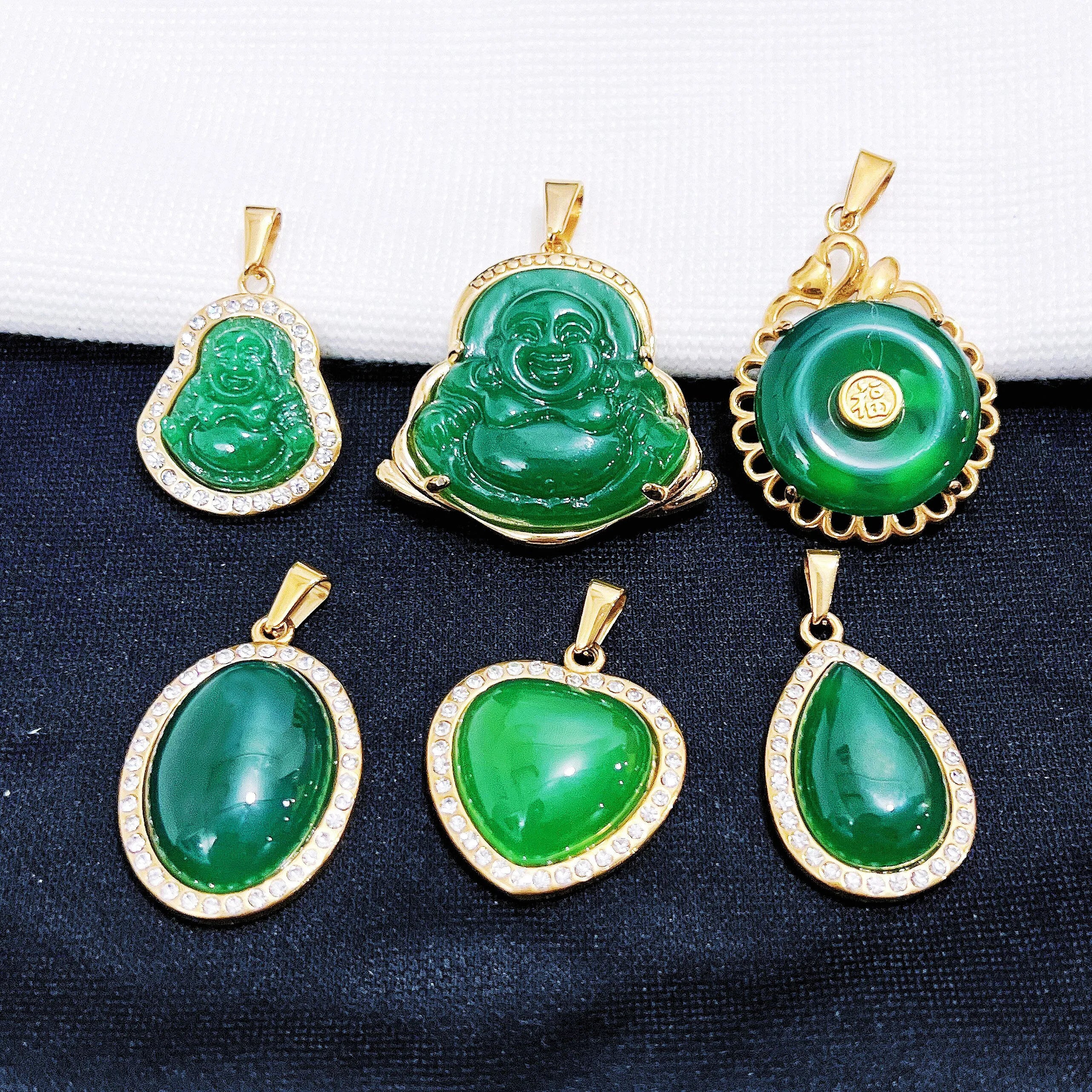 Green Jade Laughing Buddha Pendant Stainless Steel Cubic Zirconia Buddhist Necklace for Women Men Amulet Good Luck Jewelry Gift