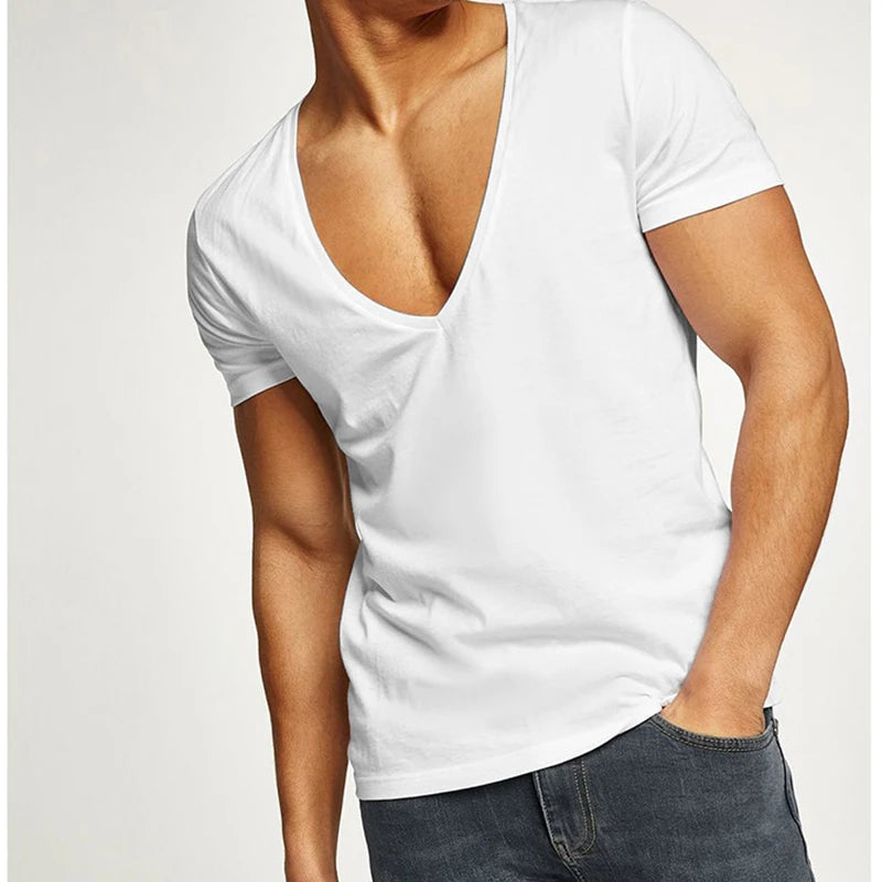 t Shirt for Men v Neck t Shirts Mens Jersey Summer 100% Combed Cotton Solid Deep V Neck T Shirt White Men's Top