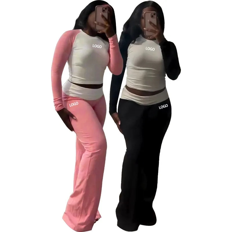 Fleece Fall Winter Women 2piece Set Clothing Flare Leg Women Joggers Suits Set Long Sleeve T Shirt Fold Pants Sets for Woman