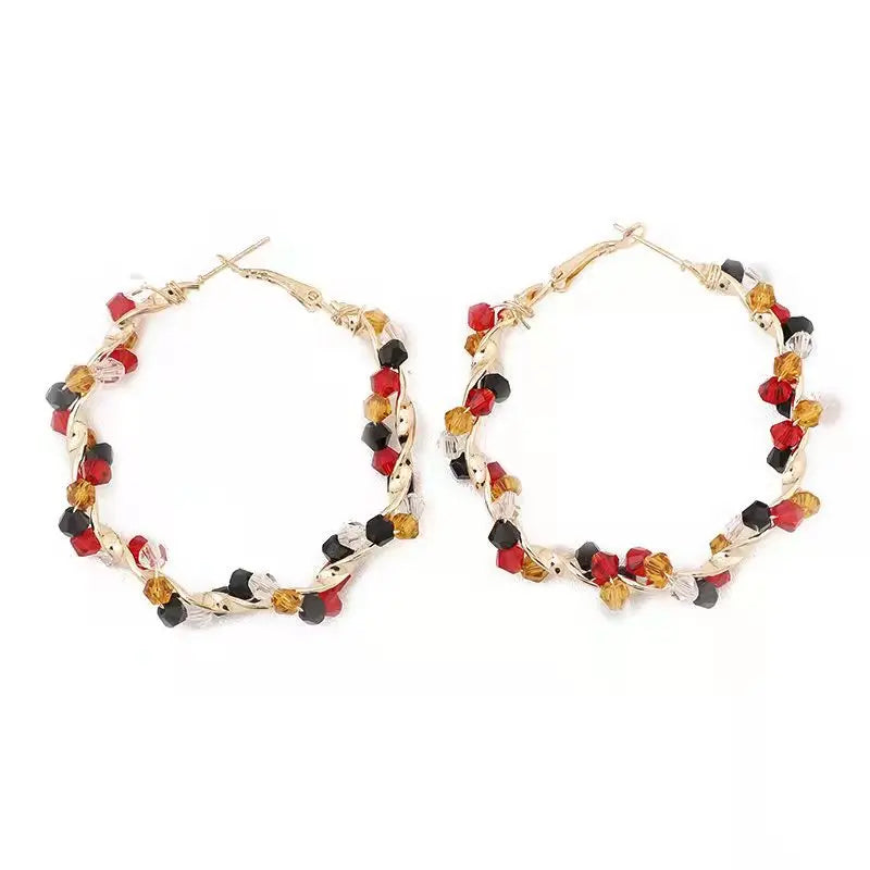 Summer Boho Brass Alloy Crystal Bead Interlocking Circle Earrings Wire Wrapped Hooped Round Dangle Drop Earring Jewelry Women