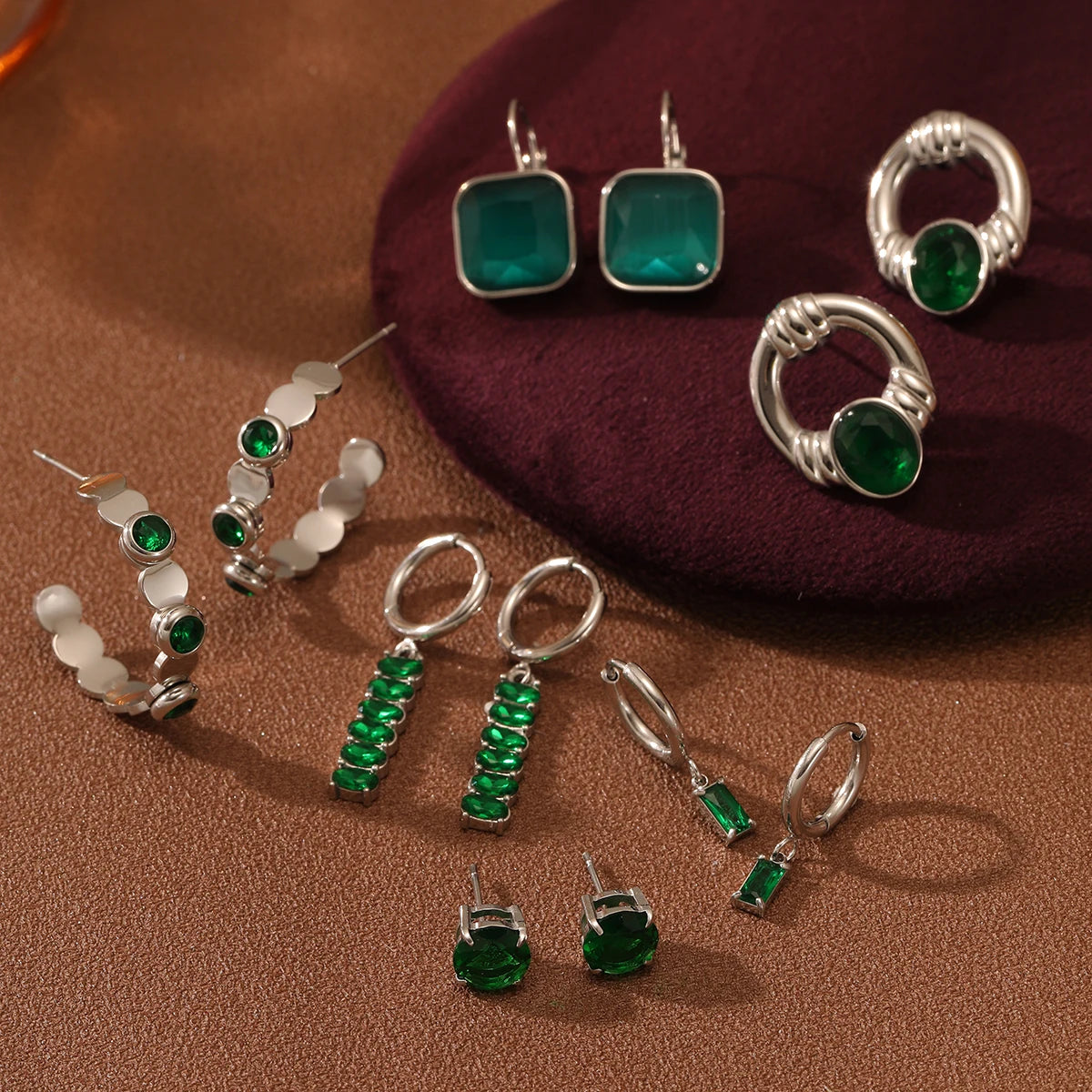 Green Emerald Rhinestone Drop Stud Earrings Pvd Stainless Steel Gold Zircon Earrings Fashion Women's Glass Stone Jewelry