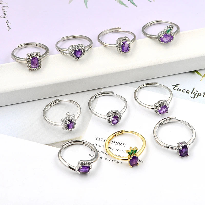 Natural Gemstone Amethyst Crystal Gem Stone Exquisite 5*7mm Brass Oval Crystal Ring