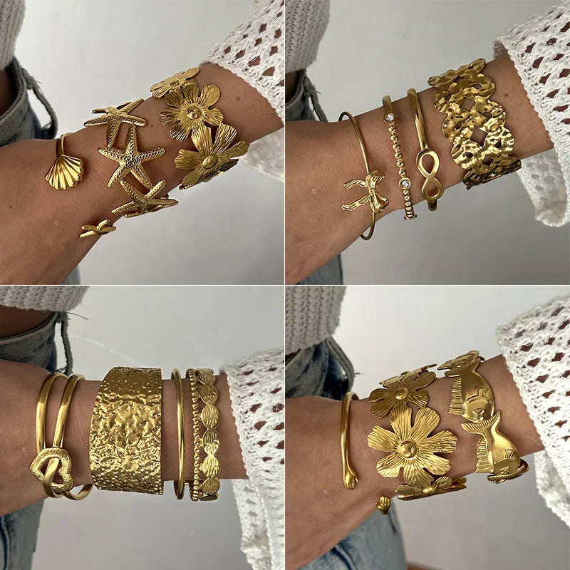 Anti-Tarnish Hypoallergenic Stainless Steel Gold Stackable Ocean Starfish/Seashell Heart Flower Charm Cuff Bangle Bracelets