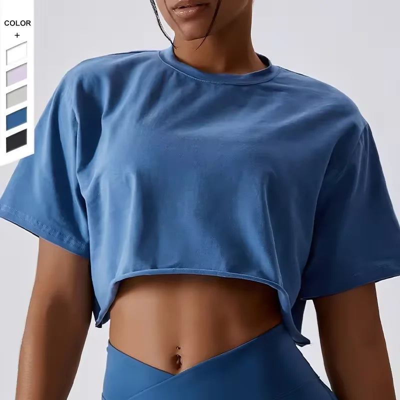 New Summer Sport Short Sleeve Yoga Crop Top Oversized T-shirt Active Wear Athletic Gym Fitness Women