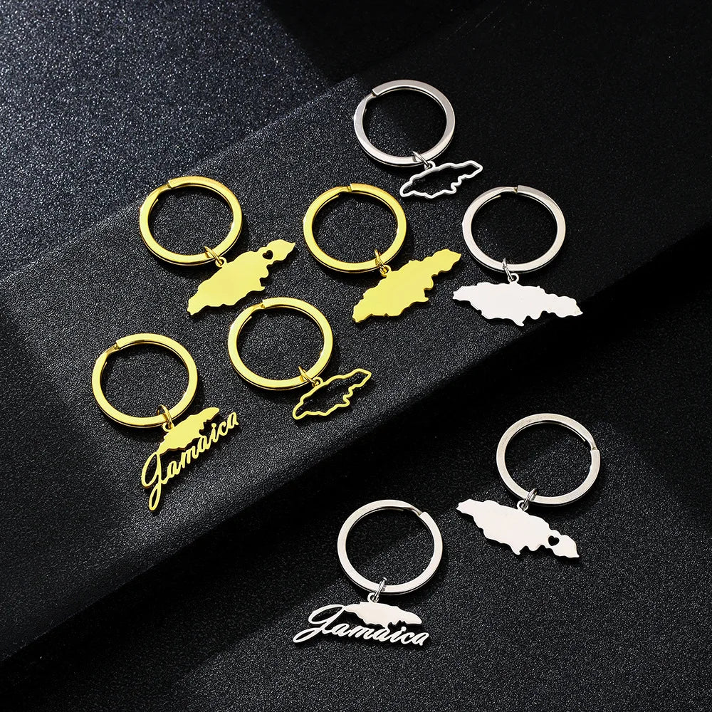 Manufacturer 18K Gold Plated Enameled Jamaica Flag Charm Bag Keychain Stainless Steel Enamel Jamaican Map Pendant Car Key Chain