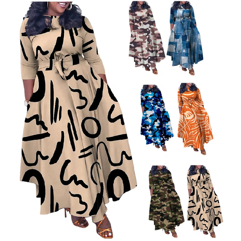 Q100 Latest Design Casual Dresses Women Lady Temperament Lace up Printing Elegant Long Dresses Women Winter Dress