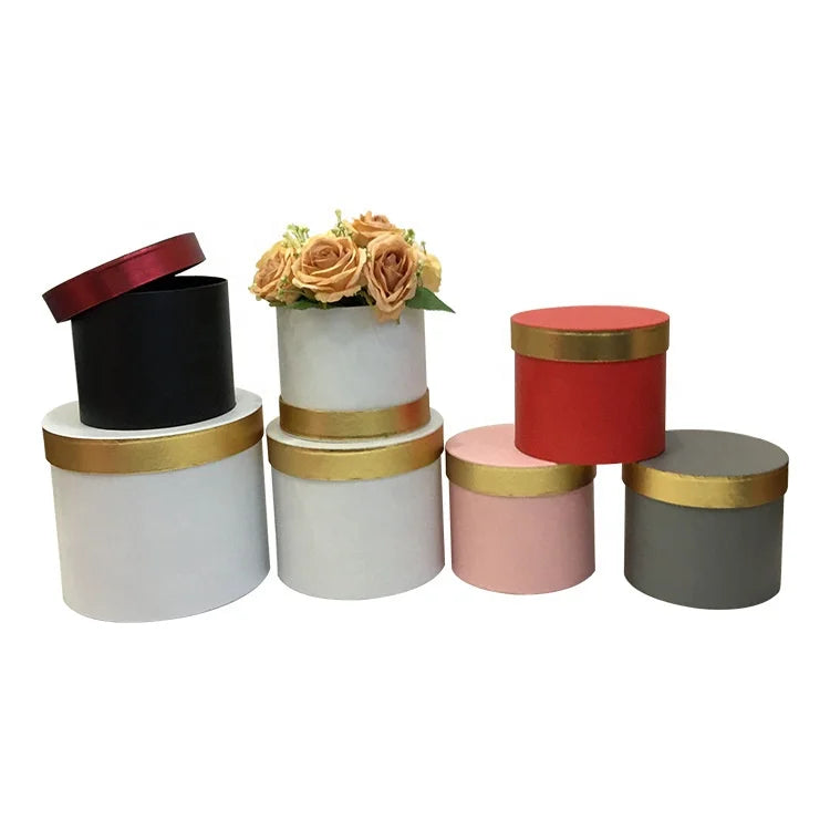 High Quality Gold Rim Round Hug Bucket Color Box New Design Three-Piece Set Window Grille Gift Box Glossy Lamination Printing