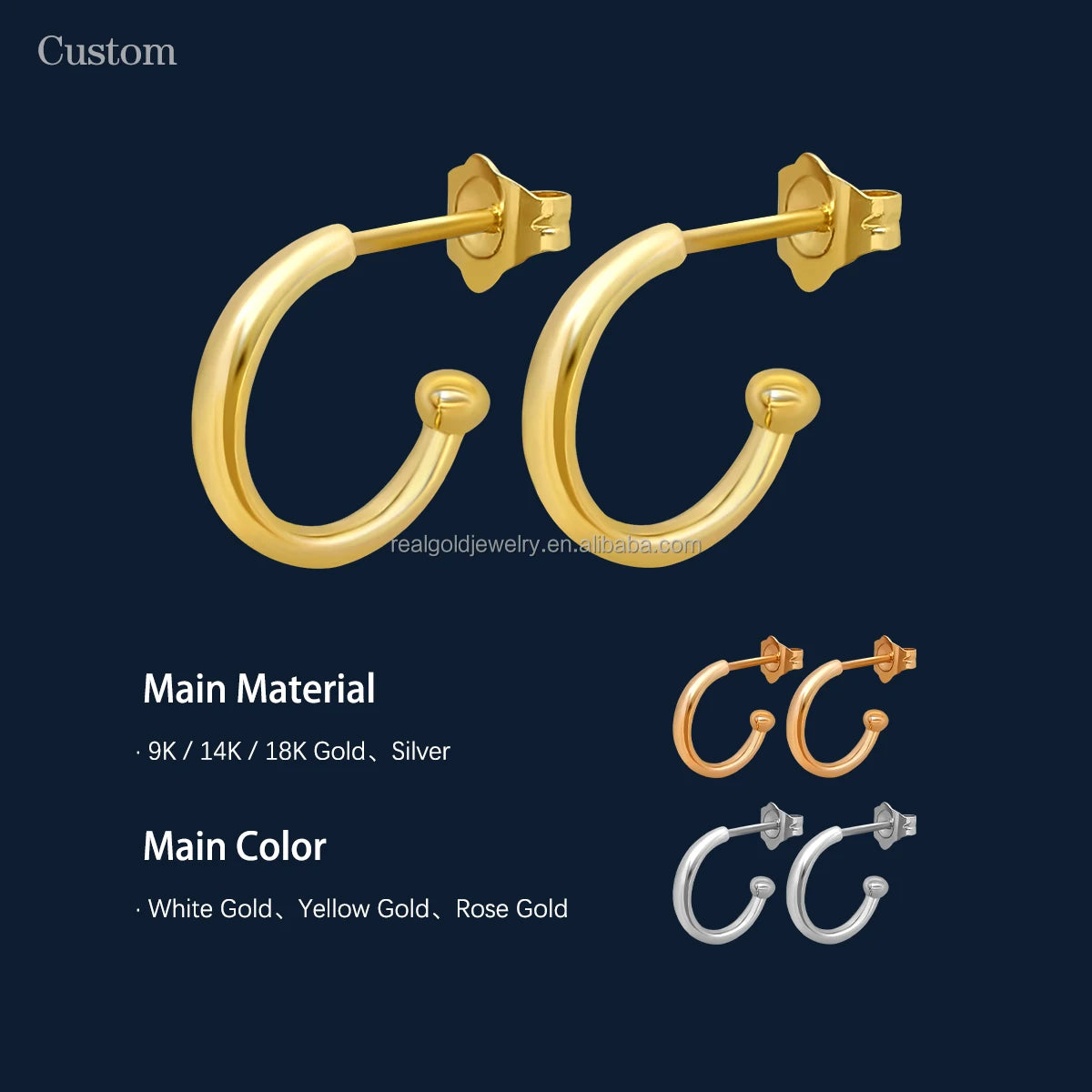 Fine Jewelry 14k Plain Gold Hoop Ear Studs AU585 Pure Yellow Gold Woman Earring Jewelry