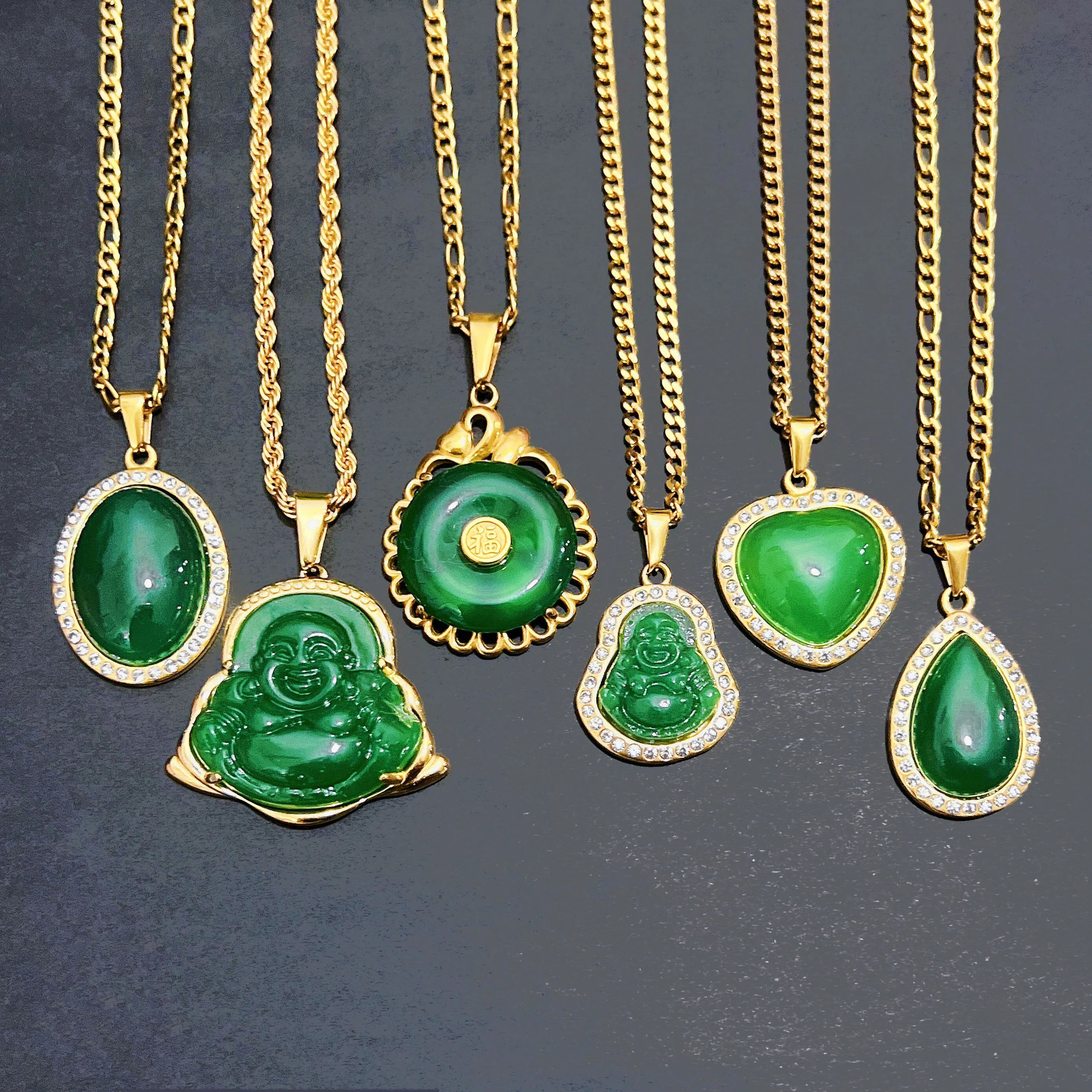 Green Jade Lucky Amulet Buddha Necklace Stainless Steel Crystal Laughing Religious Maitreya Carved Jade Buddha Pendant Necklace