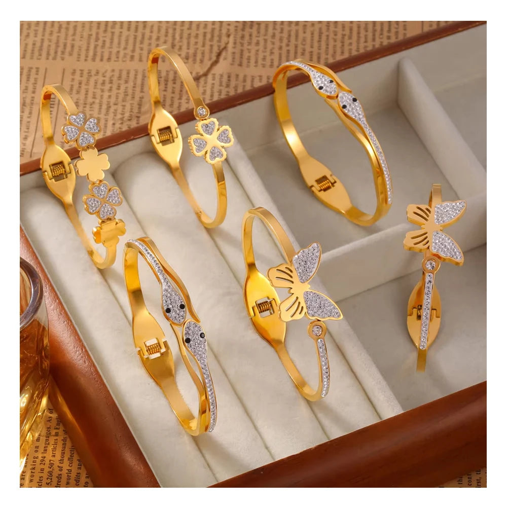 Luxury 18k Gold-plated Stainless Steel Snake Clover Flower Bracelet Set Fashionable Czech Diamond Niche Gold-plated Bracelet