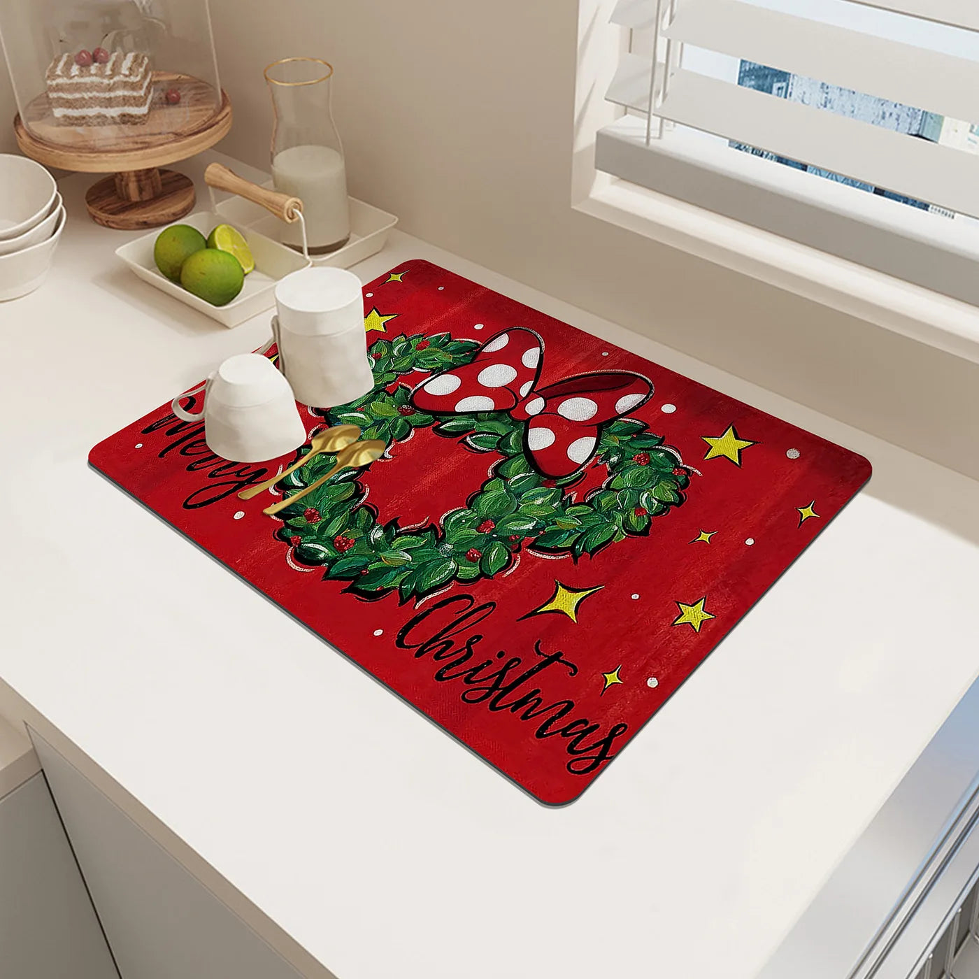 Nordic New Christmas Bow Printed Placemat Absorbent and Non-Slip Dining Table and Bar Insulation Mat for Kitchen Use