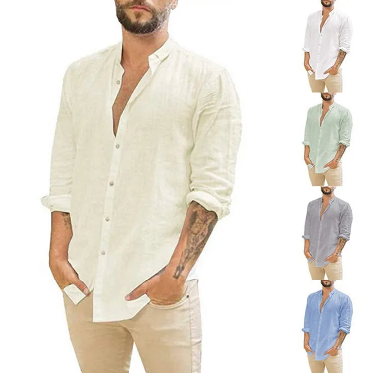 New Fashion Men's Cotton Cardigan Shirts Solid Color Casual Long Sleeve Button Tops Clothes Simple Breathable Shirt