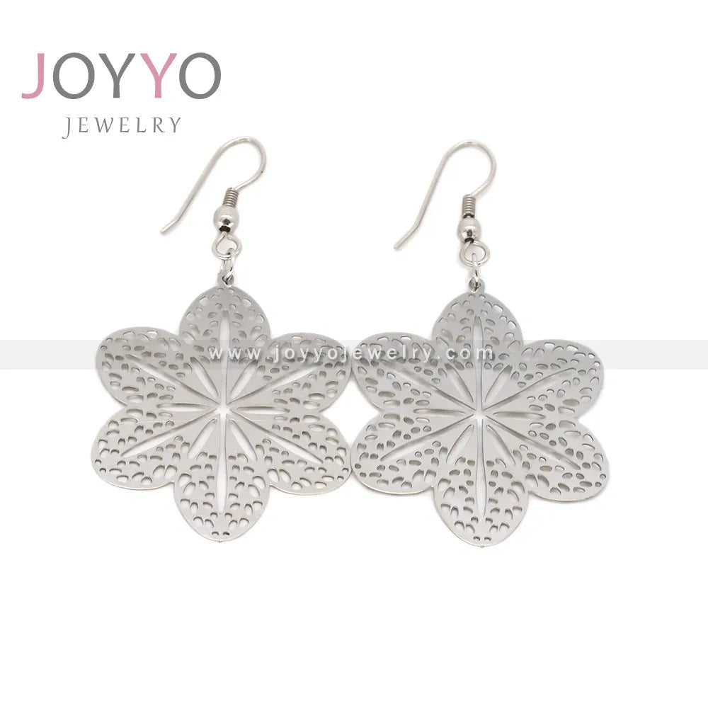 Factory Straight Stainless Steel Women's Six Leaf Flower Earrings Hollow Snowflake Embossed Hoop Jewelry