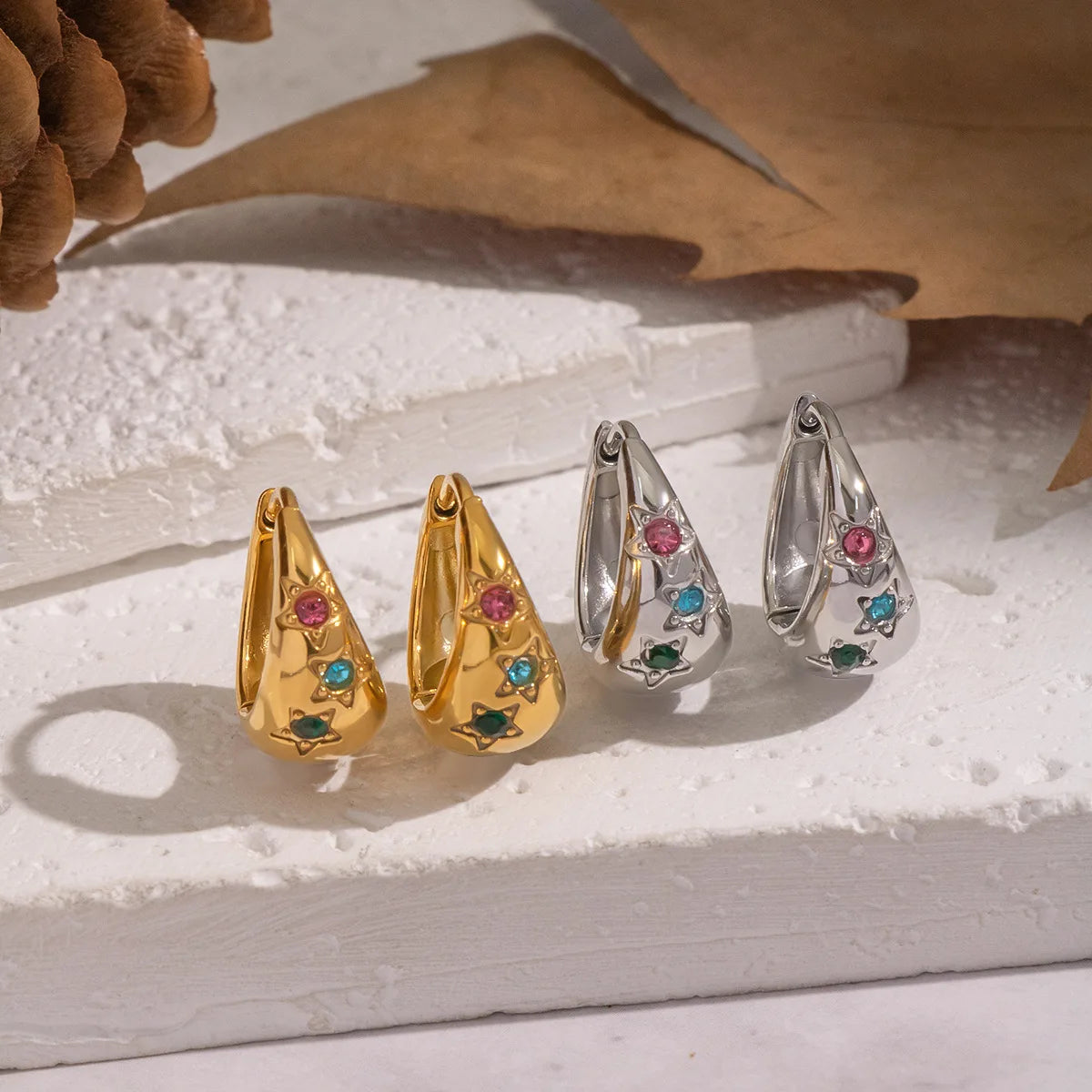 Women's Vintage 18K Gold Plated Customized Zircon Chunky Earrings Waterproof Big Ear Studs Non-Allergic Stainless U Earrings