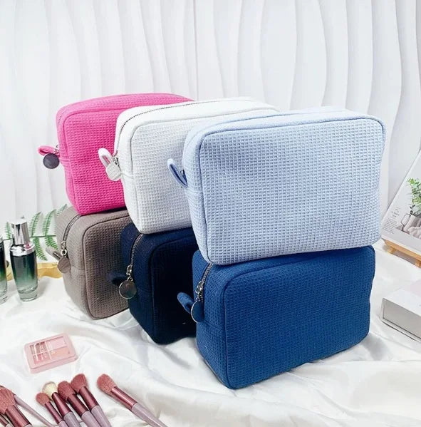 Large Capacity Zipper Waffle Cosmetic Bag Elegant Travel Foldable Pouch for Toiletry Storage Custom Makeup Tools Storage Bag
