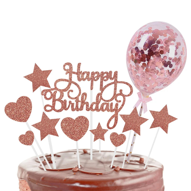 Cake Decoration Rose Gold Cake Topper Happy Birthday Confetti Balloon Stars Stars Heart Shaped Cake Topper Decoration