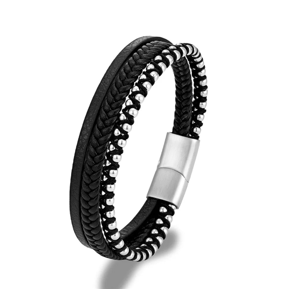 High Quality Handmade Stainless Steel Magnetic Clasp Beads Braided Genuine Leather Bracelet Bangle for Men Jewelry