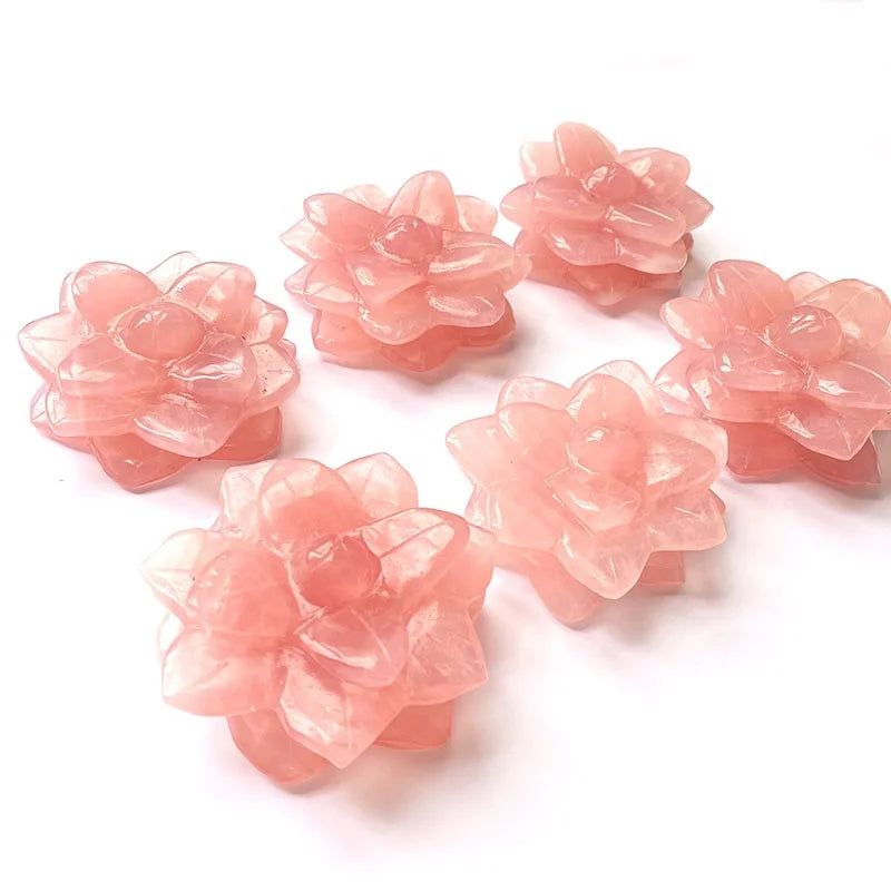 Pink Rose Quartz Crystal Laser Engraved Lotus Flower Collectible for Home Decoration