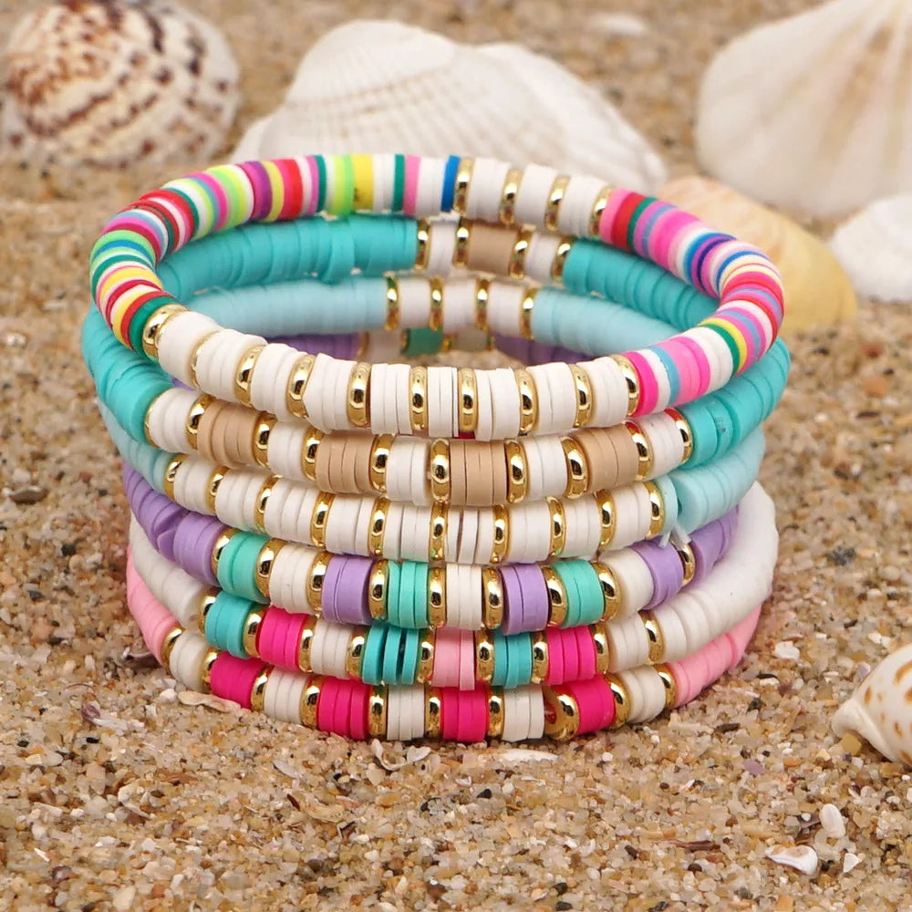 Heishi Bracelet Set Stack Rainbow Vinyl Disc Bead Surfer Stretch Summer Beach Bracelet Women Jewelry