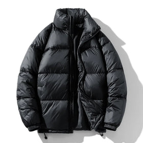 Men's Winter Stand Collar Thickened Fake Padding Jacket Loose Fit Adjustable Hem Solid Color Zip-Up Coat Cold Weather Outerwear
