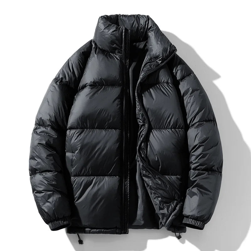 Men's Winter Stand Collar Thickened Fake Padding Jacket Loose Fit Adjustable Hem Solid Color Zip-Up Coat Cold Weather Outerwear