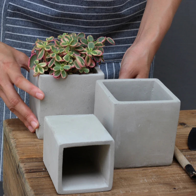 Nordic Simple Style square Shape Cement Flower Pots with Hole for Home Garden Decor