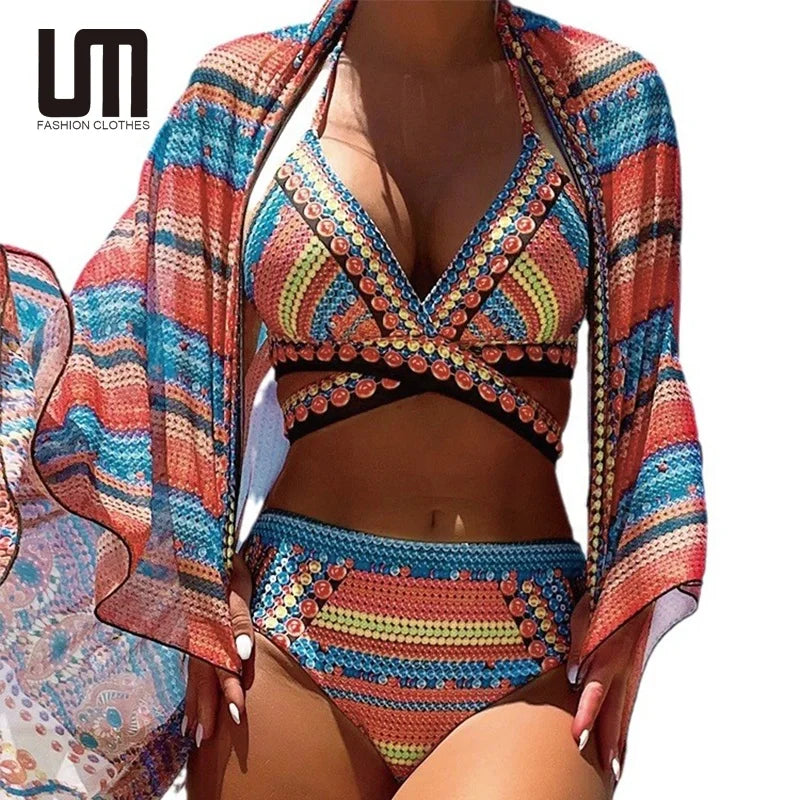 Liu Ming Cheap Wholesale Women Push up Printed Sexy Swimwear Female Brazilian Bathing Suit Cover up 3 Piece Bikini Set