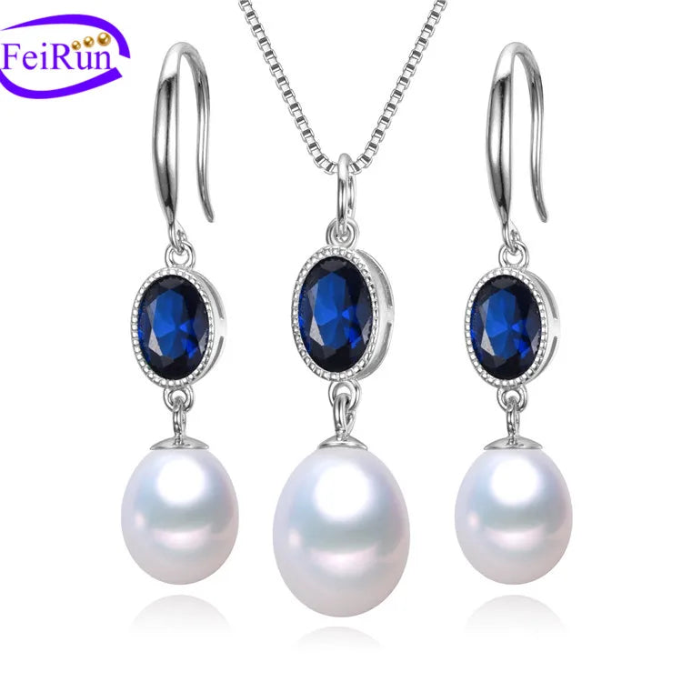 FEIRUN 8mm Drop Natural Freshwater Pearl Jewelry Set S925 Sterling Silver Sets MegaBDM