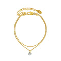 Cubic Zirconia Diamond Pendant Double Layered 18K Gold Plated Jewelry Stainless Steel Chain Bracelet for Women
