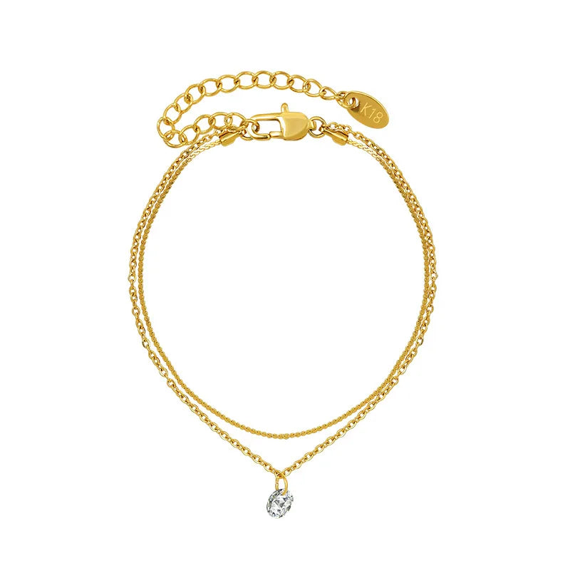 Cubic Zirconia Diamond Pendant Double Layered 18K Gold Plated Jewelry Stainless Steel Chain Bracelet for Women