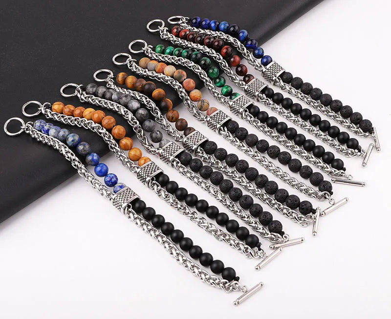 New Design Fashion Men Jewelry Bracelet Vintage Stainless Steel Chain Natural Stone Matte Onyx Lave Stone Tiger Eye Bracelet Men