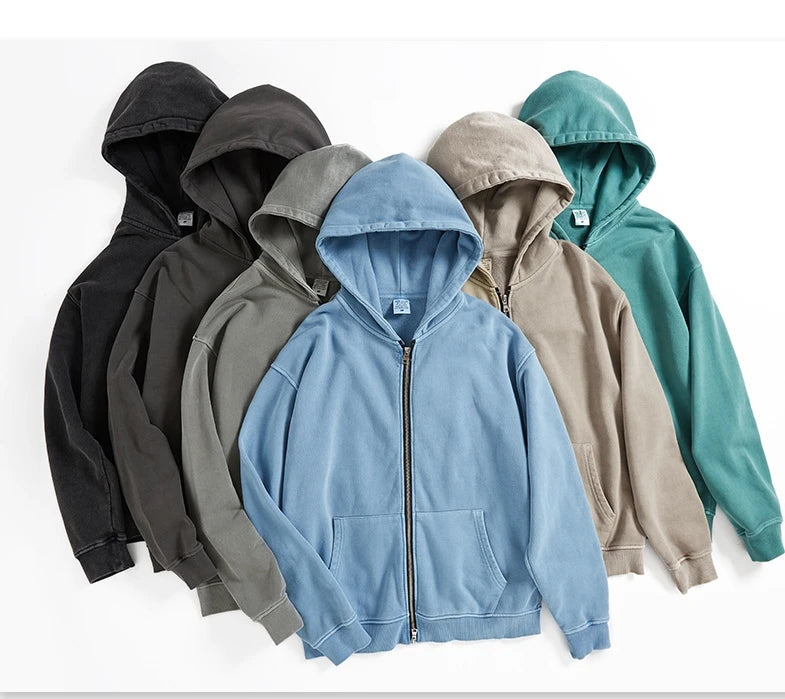 Custom logo Vintage Cotton Zip up Pullover Sweatshirt Acid Wash Zip up Hoodie Men Oversized Zipper Unisex Hoodie