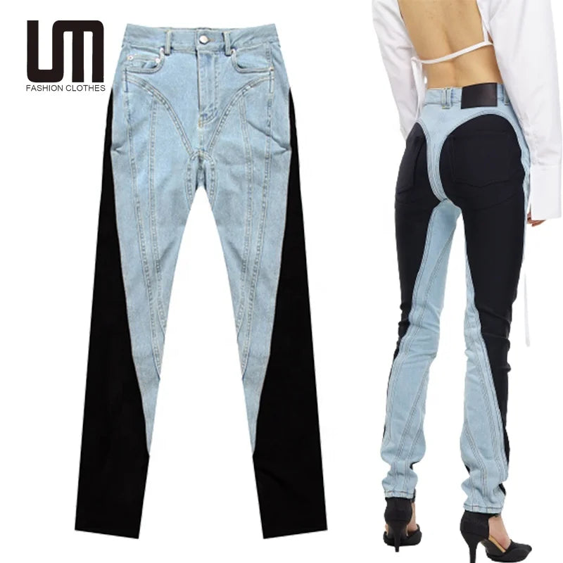 Liu Ming Women Casual Contrast Color Washed Light Blue Stretch Thin Jeans Trousers