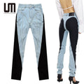 Liu Ming Women Casual Contrast Color Washed Light Blue Stretch Thin Jeans Trousers