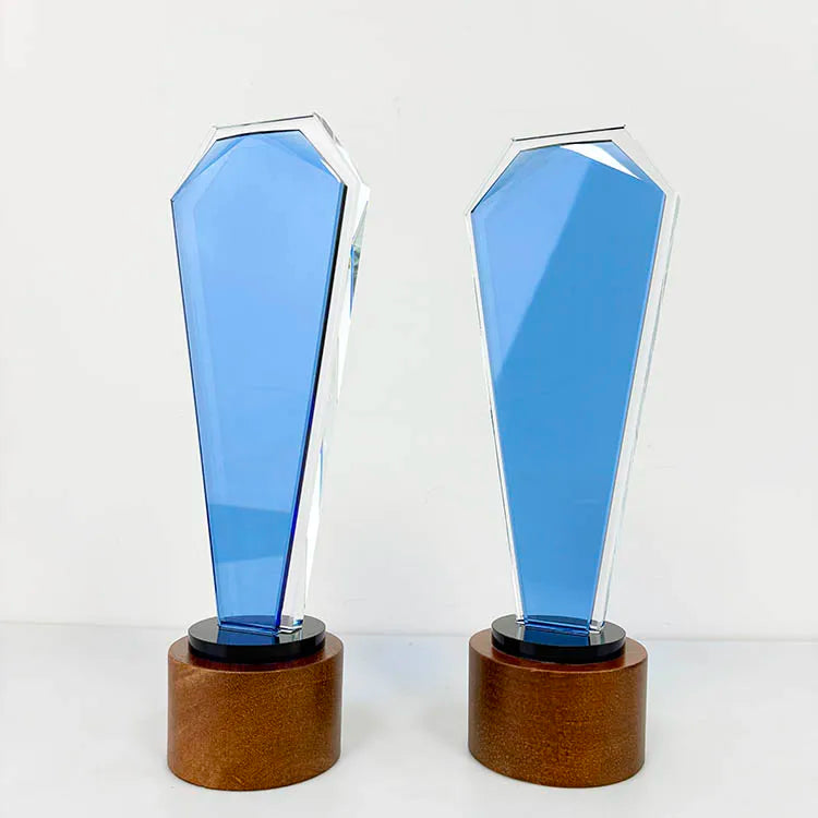 Wooden Base Optical Blue Crystal Glass  Trophy MH-NJ0112