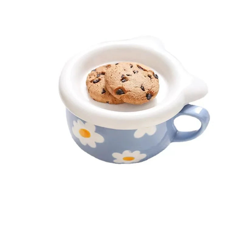 Wholesale Korean Style Cute Hand Painted Small Bear Ceramic Cup with Lid Large Capacity Coffee Mug Kids Milk Breakfast Cup