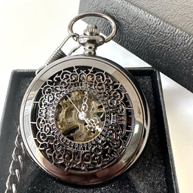 Hollow Black Manual Wind Mechanical Watches Key Chain Mechanical Retro Pocket Watches