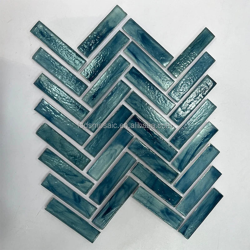 Blue Herringbone Parallelogram Electroplate Glossy Silver 6mm Thick Modern Interior Wall Glass Mosaic Tile
