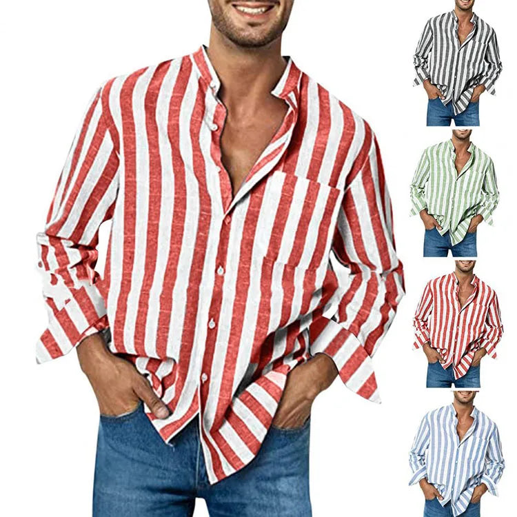 Stripe Printing Long Sleeve Stand Collar Men Shirt Loose High Elasticity Dress-up Men Top Casual Linen Button Casual Shirts