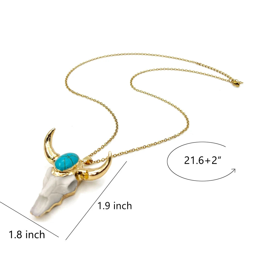 Hot Sale Unisex Ox Bone Retro Gold Plated Horn Bull Head Turquoise Pendant Necklace Trendy Men's Street Style for Gift Hip Hop