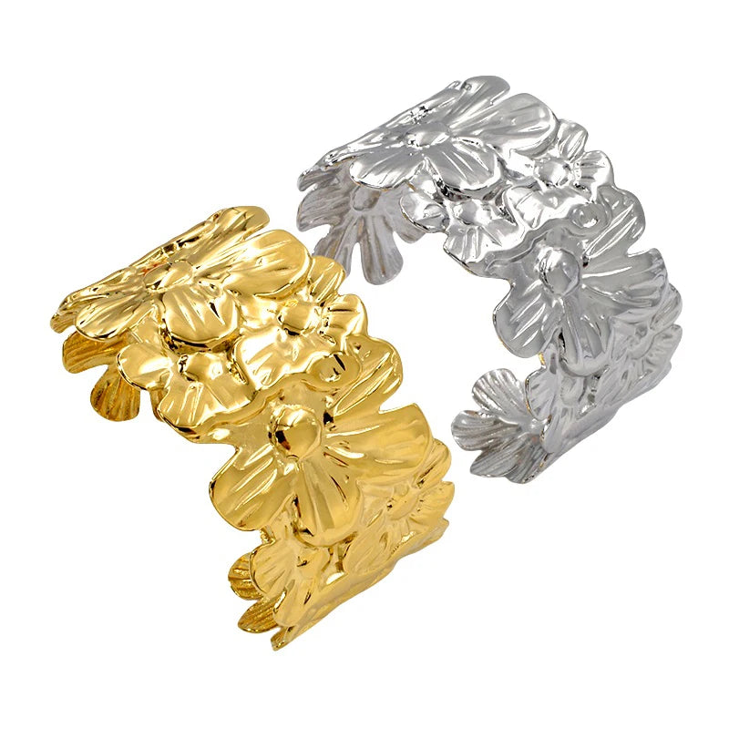 Fashion Unisex Stainless Steel Jewelry Wholesale Waterproof 18K Gold Plated Oversized Flower Cuff Bangle Bracelet and Bracelet